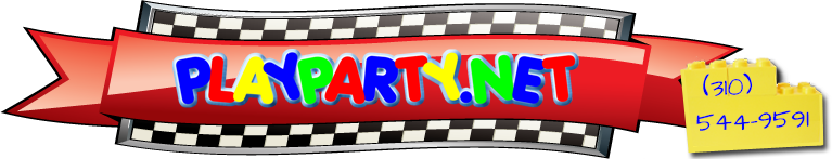 Playparty.net logo on racing car banner and 310-544-9591  on Lego blocks